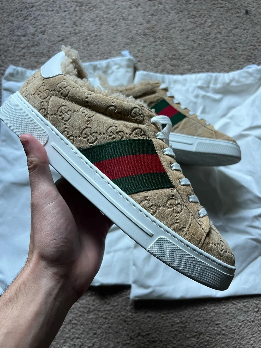 Gucci Tan GG Supreme Sneakers with Green-Red Web Stripe - Picture 6 of 16